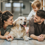 familia de 4 perdonas y un golden retriver tumbado en el suelo